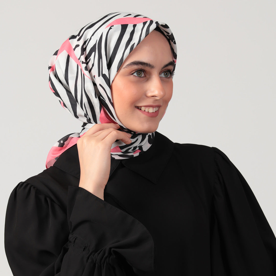 Pamuk İpek Eşarp - Zebra Desen - Şeker Pembe