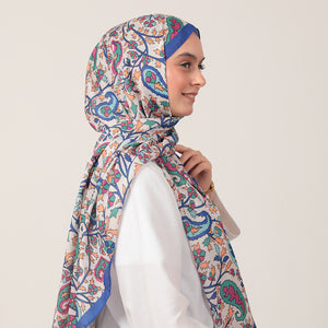 Pamuk İpek Şal - Etnik Floral Desen - Saks Mavisi
