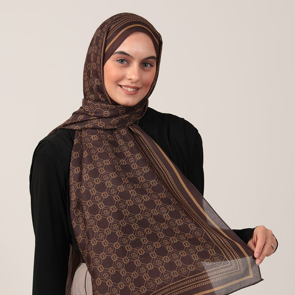 Pamuk İpek Şal - Monogram Desen - Kahve Gold