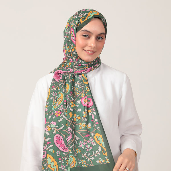 Pamuk İpek Şal - Etnik Floral Desen - Haki Yeşili