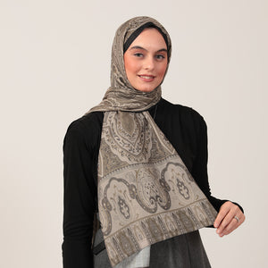 Pamuk İpek Şal - Etnich Desen - Açık Haki