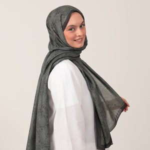 Pamuk İpek Şal - Mandala Desen - Haki Yeşili