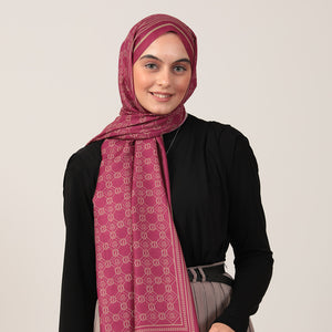 Pamuk İpek Şal - Monogram Desen - Fuşya