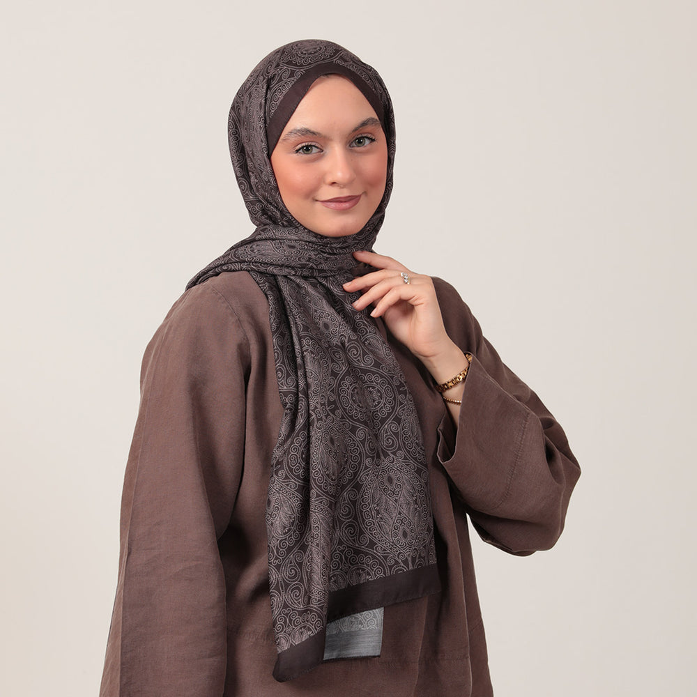 Pamuk İpek Şal - Mandala Desen - Koyu Vizon