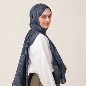 Pamuk İpek Şal - Mistik Desen - Parlament Mavisi