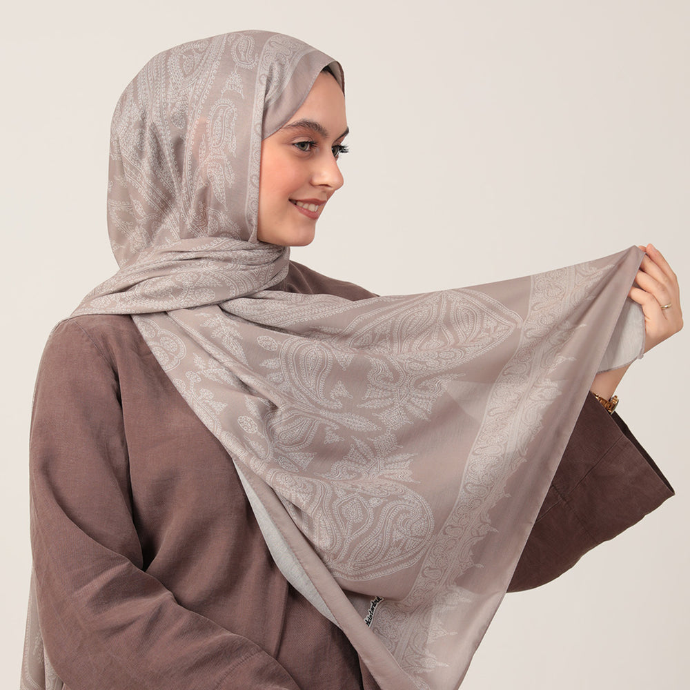 Pamuk İpek Şal - Mistik Desen - Açık Vizon