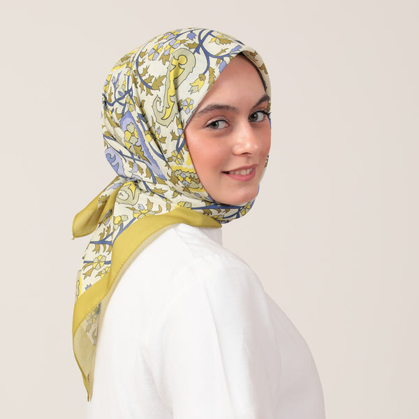 Pamuk İpek Eşarp - Etnik Floral Desen - Olive