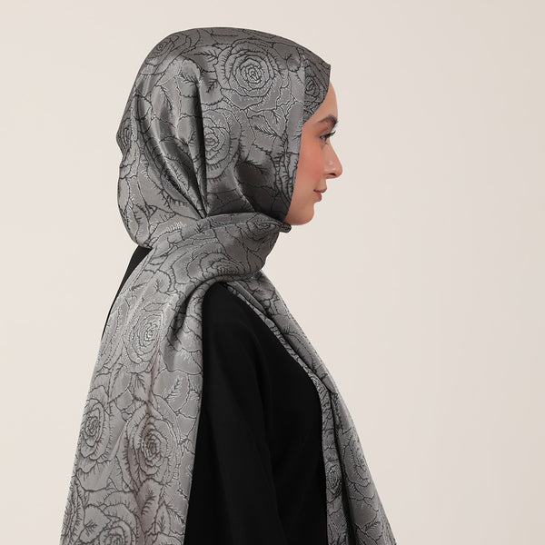 İpeksi Çift Taraflı Jakar Şal - Rose Desen - Füme