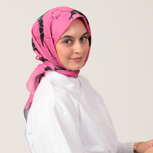 Pamuk İpek Eşarp - Manolya Desen - Fuşya Siyah
