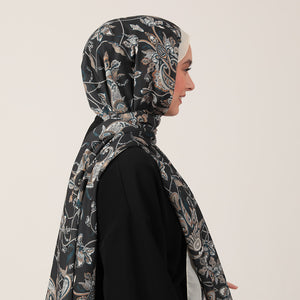 Pamuk İpek Şal - Paisley Çiçek Desen - Siyah Krem