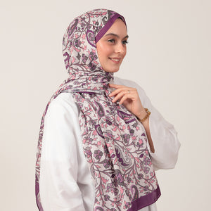 Pamuk İpek Şal - Etnik Floral Desen - Leylak