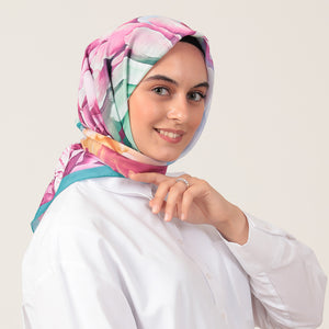 Pamuk İpek Eşarp - Lotus Desen - Fuşya Yeşil