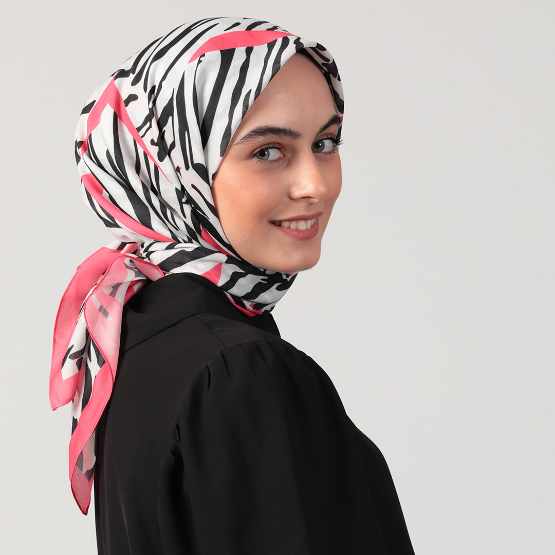 Pamuk İpek Eşarp - Zebra Desen - Fuşya