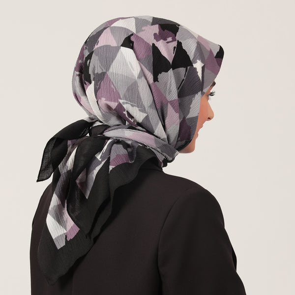 Pamuklu Bürümcük Eşarp - Üçgen Desen - Siyah Lila
