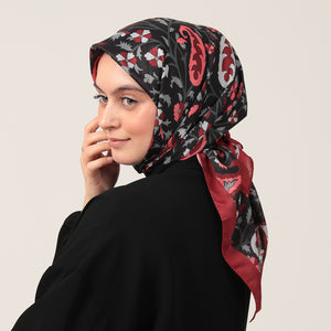 Pamuk İpek Eşarp - Etnik Floral Desen - Bordo Siyah