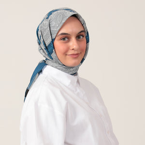 Pamuk İpek Eşarp - Hint Desen - Lacivert