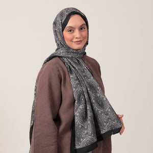 Pamuk İpek Şal - Mandala Desen - Siyah Vizon