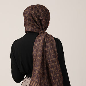 Pamuk İpek Şal - Monogram Desen - Kahve Gold