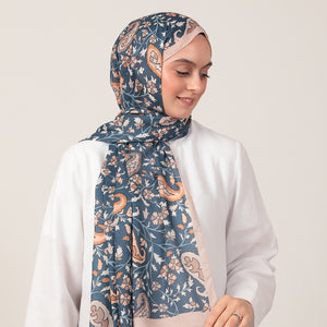 Pamuk İpek Şal - Etnik Floral Desen - Vizon Mavi