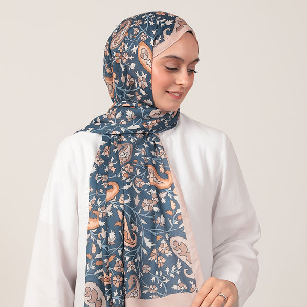 Pamuk İpek Şal - Etnik Floral Desen - Vizon Mavi