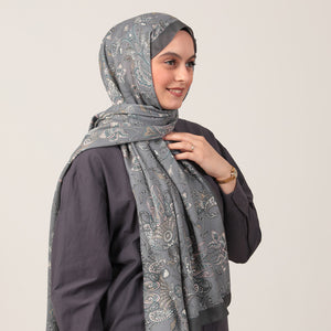 Pamuk İpek Şal - Paisley Çiçek Desen - Koyu Gri