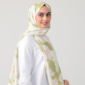 Pamuk İpek Şal - Manolya Desen - Lime