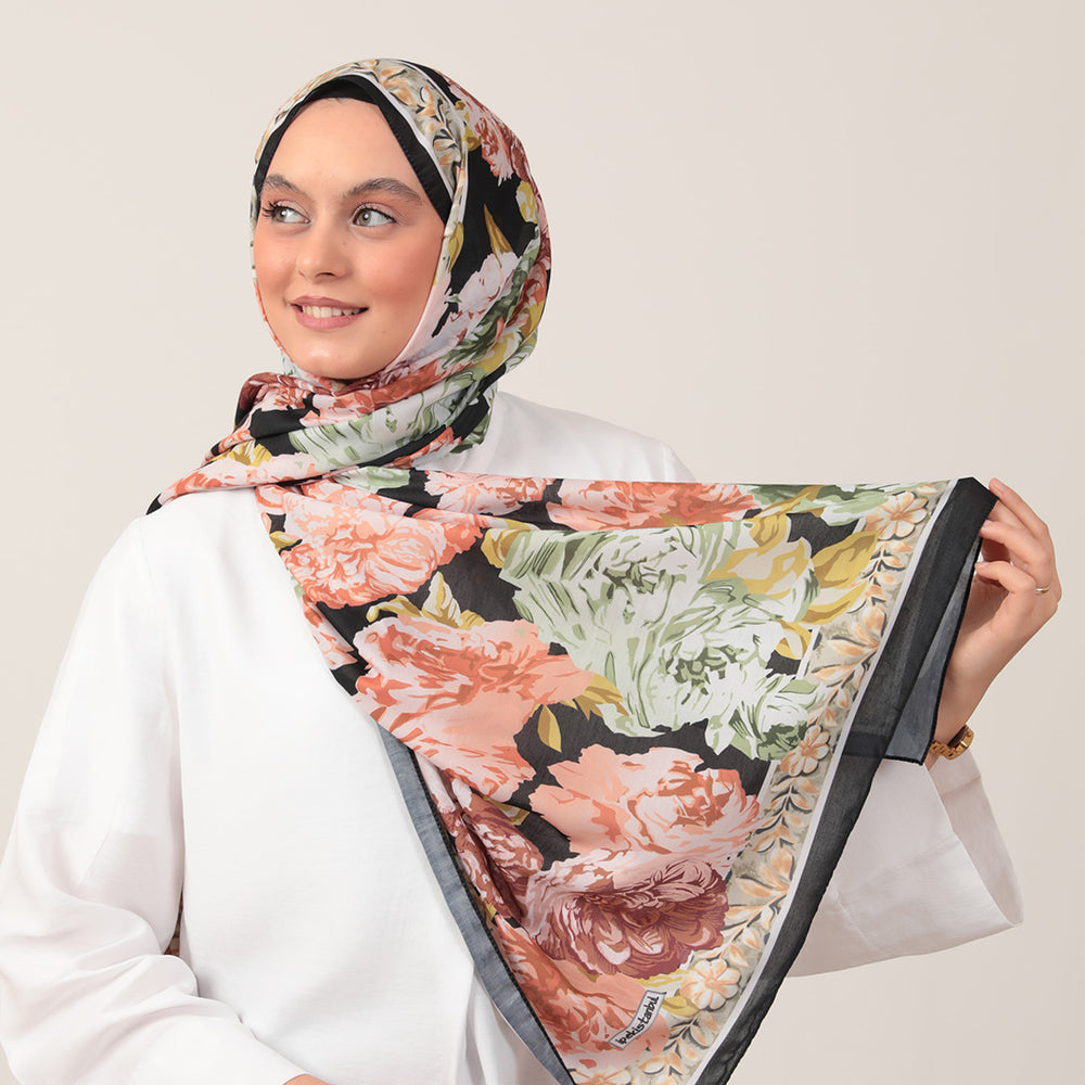 Pamuk İpek Şal - Floral Desen - Siyah Yeşil