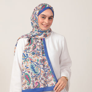 Pamuk İpek Şal - Etnik Floral Desen - Saks Mavisi
