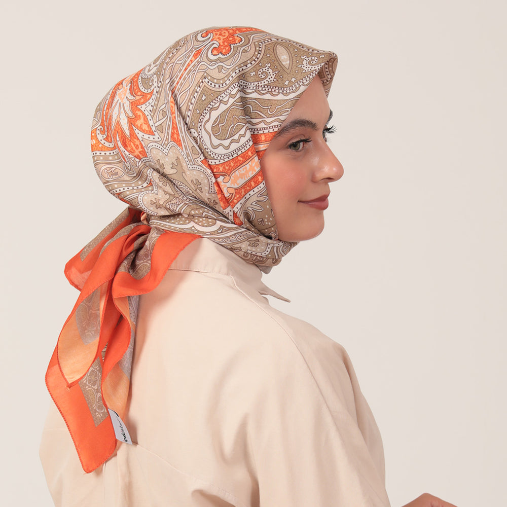 Pamuk İpek Eşarp - Hint Desen - Turuncu