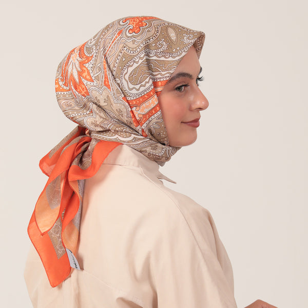 Pamuk İpek Eşarp - Hint Desen - Turuncu