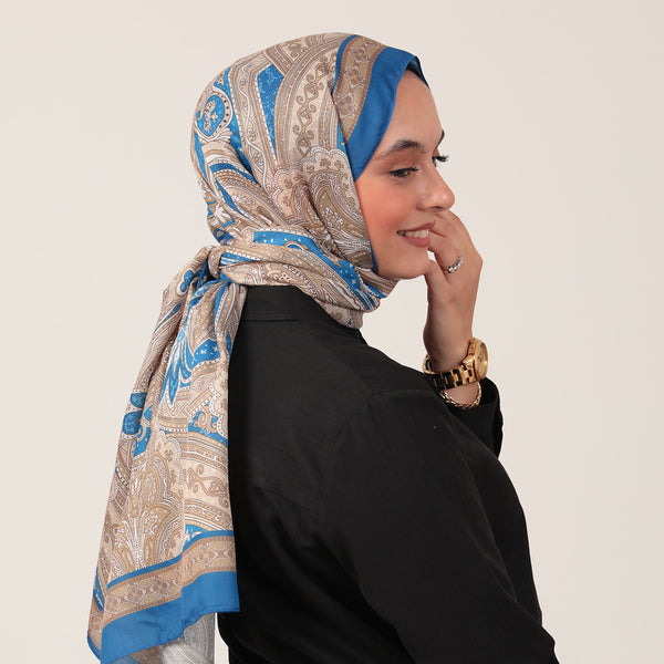 Pamuk İpek Şal - Hint Desen - Saks Gold