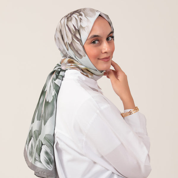 Pamuk İpek Şal - Lotus Desen - Haki Yeşili