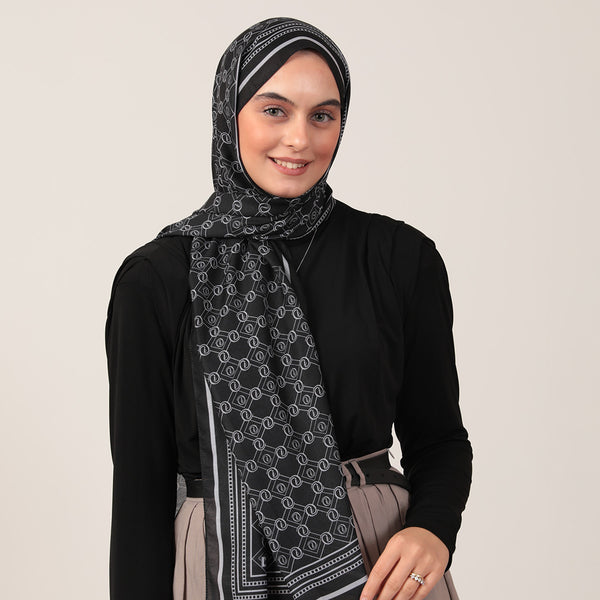 Pamuk İpek Şal - Monogram Desen - Siyah Gri