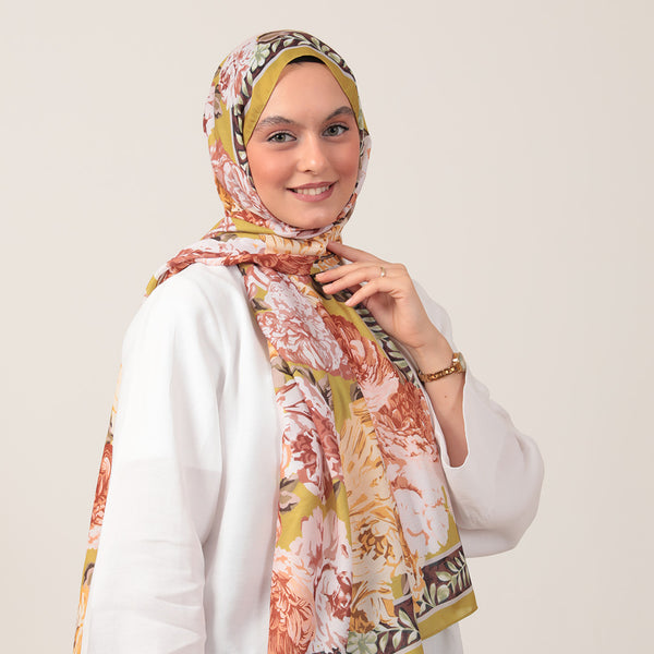 Pamuk İpek Şal - Floral Desen - Yağ Yeşili