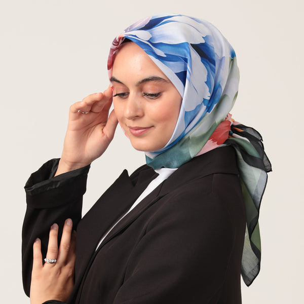 Pamuk İpek Eşarp - Lotus Desen - Kına Yeşili