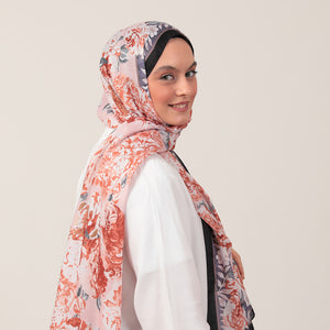 Pamuk İpek Şal - Floral Desen - Kiremit