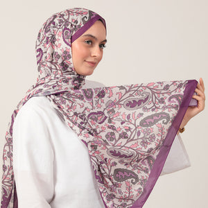 Pamuk İpek Şal - Etnik Floral Desen - Leylak