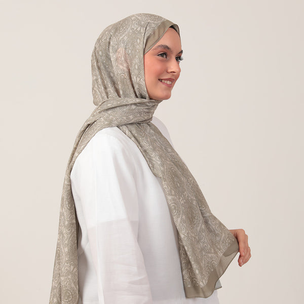 Pamuk İpek Şal - Mandala Desen - Bej