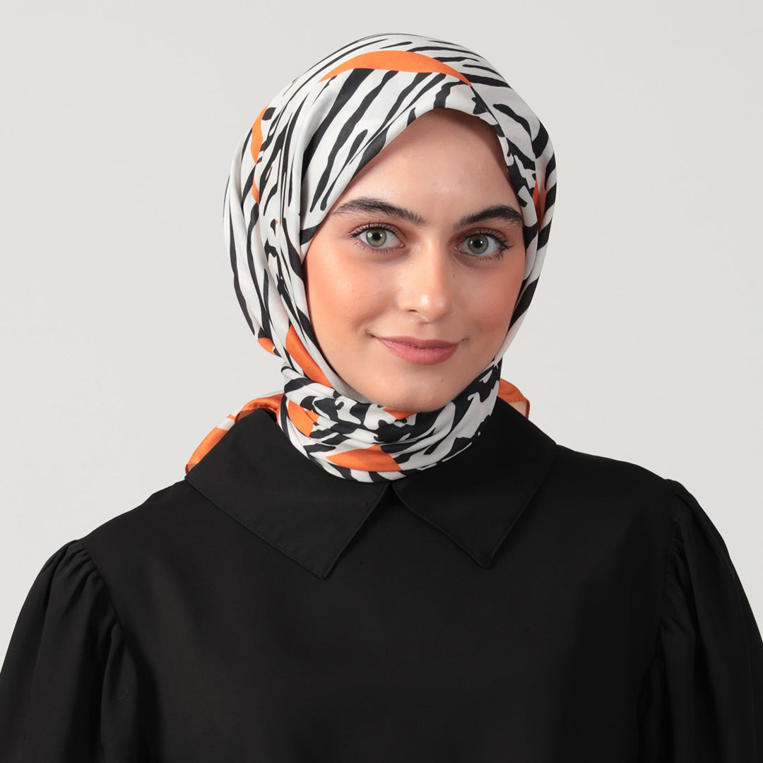 Pamuk İpek Eşarp - Zebra Desen - Oranj