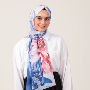 Pamuk İpek Şal - Lotus Desen - Saks Mavisi