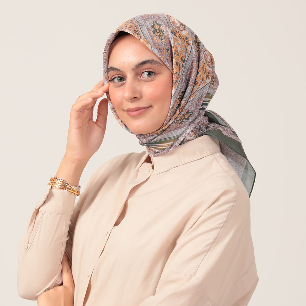 Pamuk İpek Eşarp - Etro Desen - Haki Yeşili