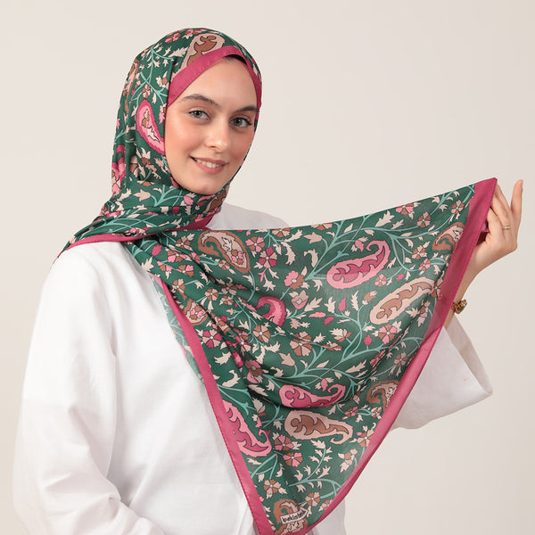 Pamuk İpek Şal - Etnik Floral Desen - Zümrüt Yeşili