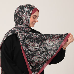 Pamuk İpek Şal - Paisley Çiçek Desen - Siyah Bordo