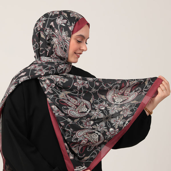 Pamuk İpek Şal - Paisley Çiçek Desen - Siyah Bordo