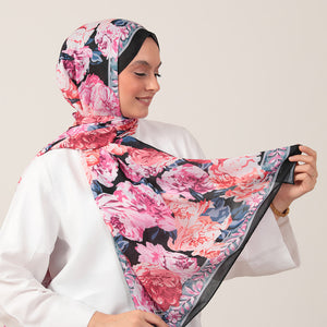 Pamuk İpek Şal - Floral Desen - Siyah Fuşya