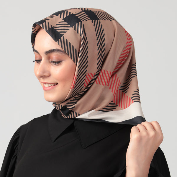 Pamuk İpek Eşarp - Ekose Desen - Camel