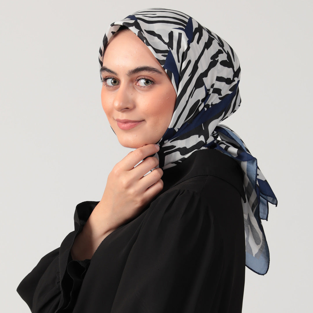 Pamuk İpek Eşarp - Zebra Desen - Lacivert