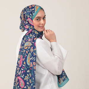 Pamuk İpek Şal - Etnik Floral Desen - Okyanus Mavisi