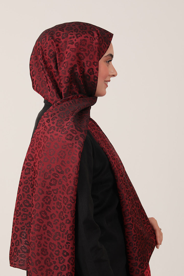 İpeksi Çift Taraflı Jakar Şal - Leopar - Bordo