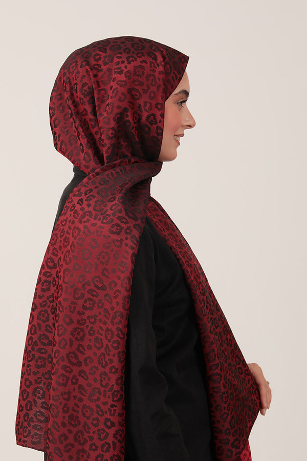 İpeksi Çift Taraflı Jakar Şal - Leopar - Bordo